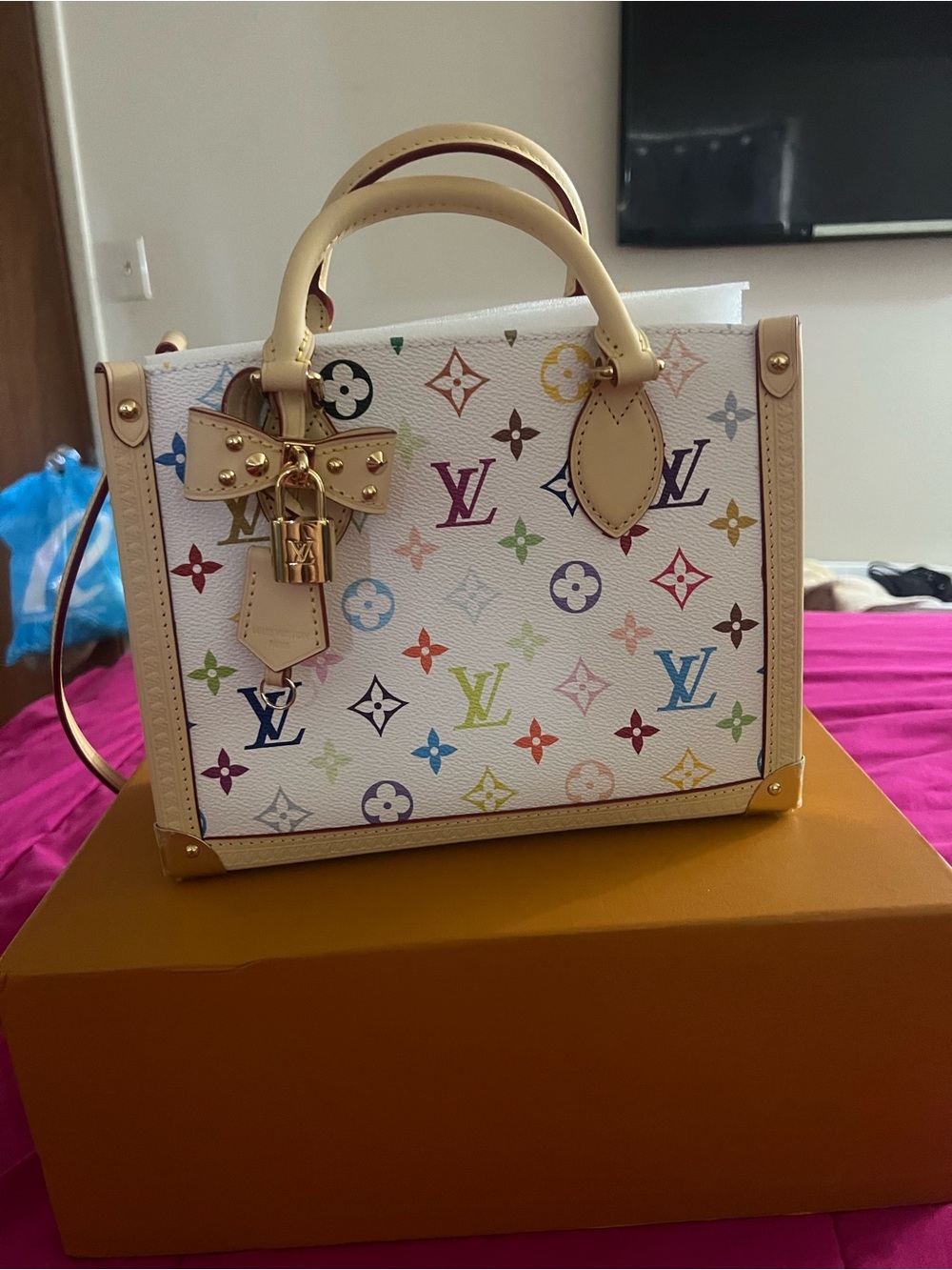 Louis Vuitton White Multicolor Monogram Satchel with Gold Hardware